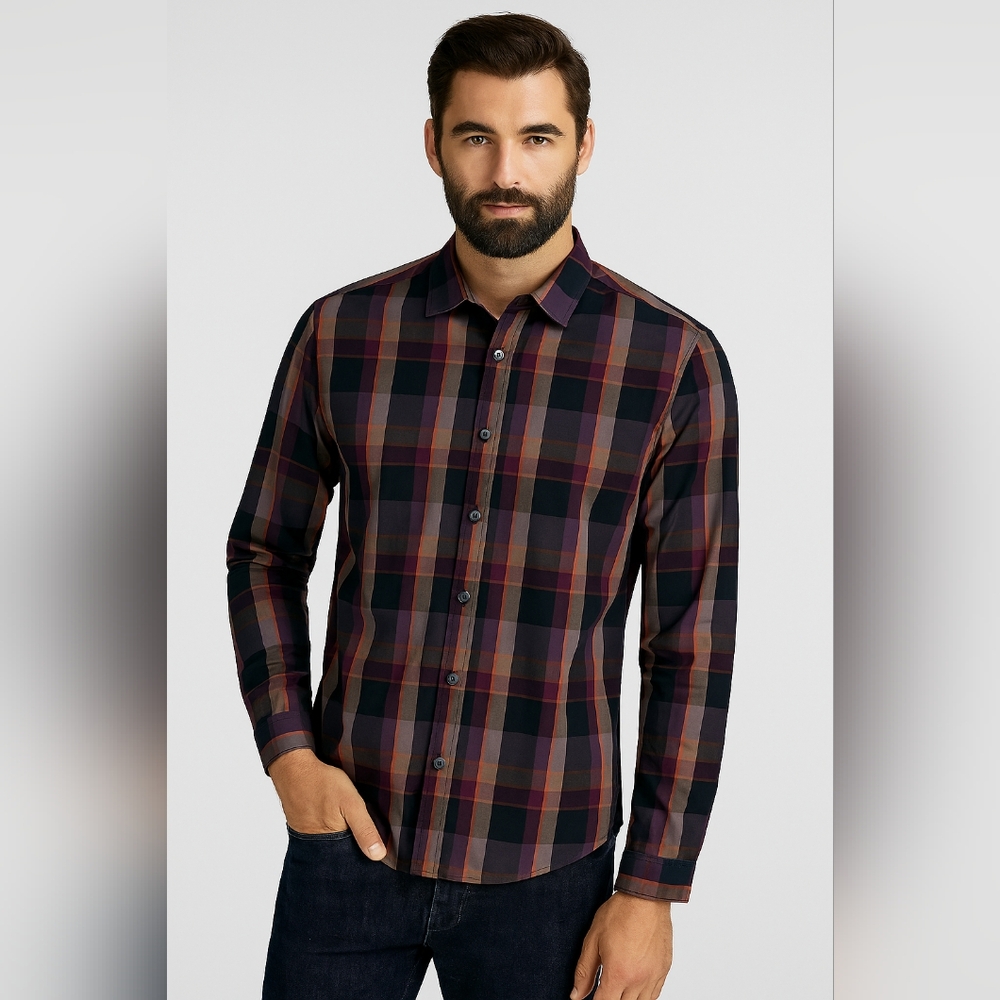 Kenneth Cole XXL Stretch Cotton Longsleeve Button Up Checkered Plaid